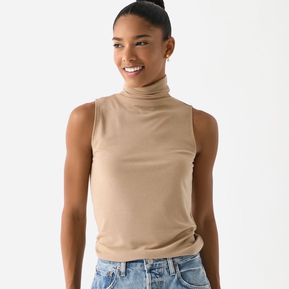 Vince Sleeveless Modal Turtleneck Top Women Small Tan Stretch Minimalist Basic - Picture 2 of 10